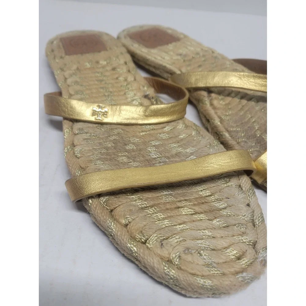 Tory Burch‎ Metallic Leather Espadrille Slide Sandals Woven Rope Flat Logo sz 10